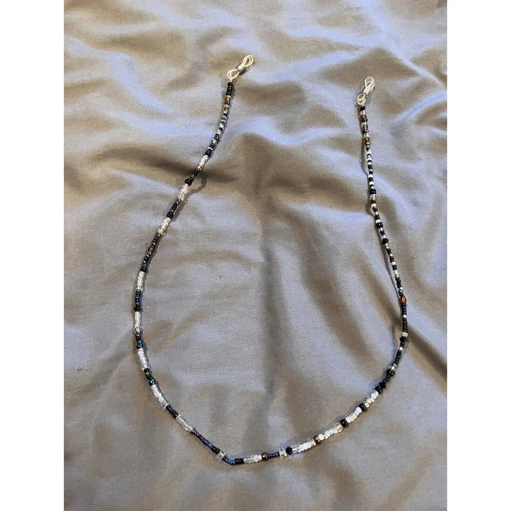 Handmade Beaded Eyewear Chain Black Clear Iridescent Glass Seed Bead Lanyard